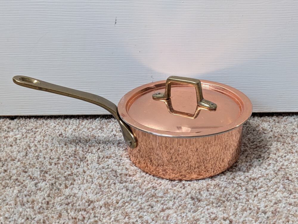 Vintage Copper colored 6 in Saucepan Lid Pot Stainless Steel Lined Brass Handle